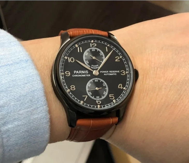 

43mm PARNIS power reserve Automatic Self-Wind Mechanical movement men's watch Black dial PVD case Business Watch pa198-p8