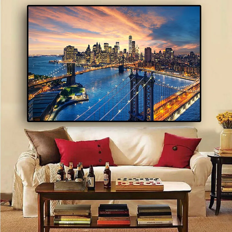 New York City Brooklyn Bridge Manhattan Sunset Canvas Painting Posters and Prints Scandinavian Wall Art Picture for Living Room | Дом и сад