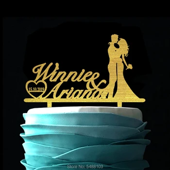 

Personalized Wood Cake Topper Gold Silhouette Couple Cake Topper Custom Name Date Rustic Wedding Decor
