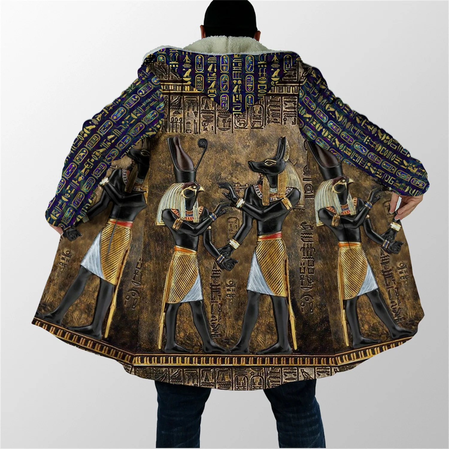 Winter Mode Herren Mantel Alte Ägypten Götter Anubis 3D Druck Fleece Mit Kapuze mantel Unisex Casual Dicke Warme Cape mantel PJ-04 – Detail 4