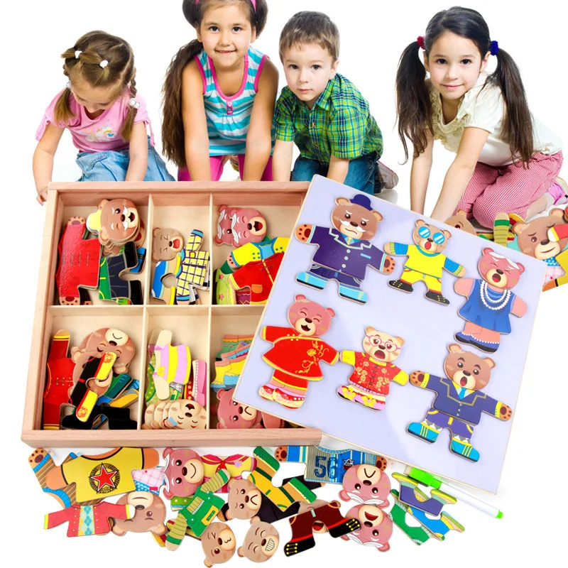 Children's wooden magnetic puzzle six bears changing clothes dressing game three-dimensional DIY puzzle game cognitive puzzle Children's wooden magnetic puzzle six bears changing clothes dressing game three-dimensional DIY puzzle game cognitive puzzle