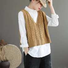 Весенний литературный ретро хлопковый однотонный вязаный жилет без рукавов женский свитер L2309