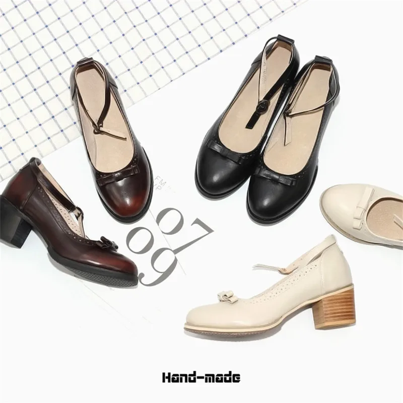 Japanese Buckle Strap Bow Women Oxford High Thick Heels Lolita Shoes British Genuine Leather Single Brogues Shoes Woman Size 43 (39)
