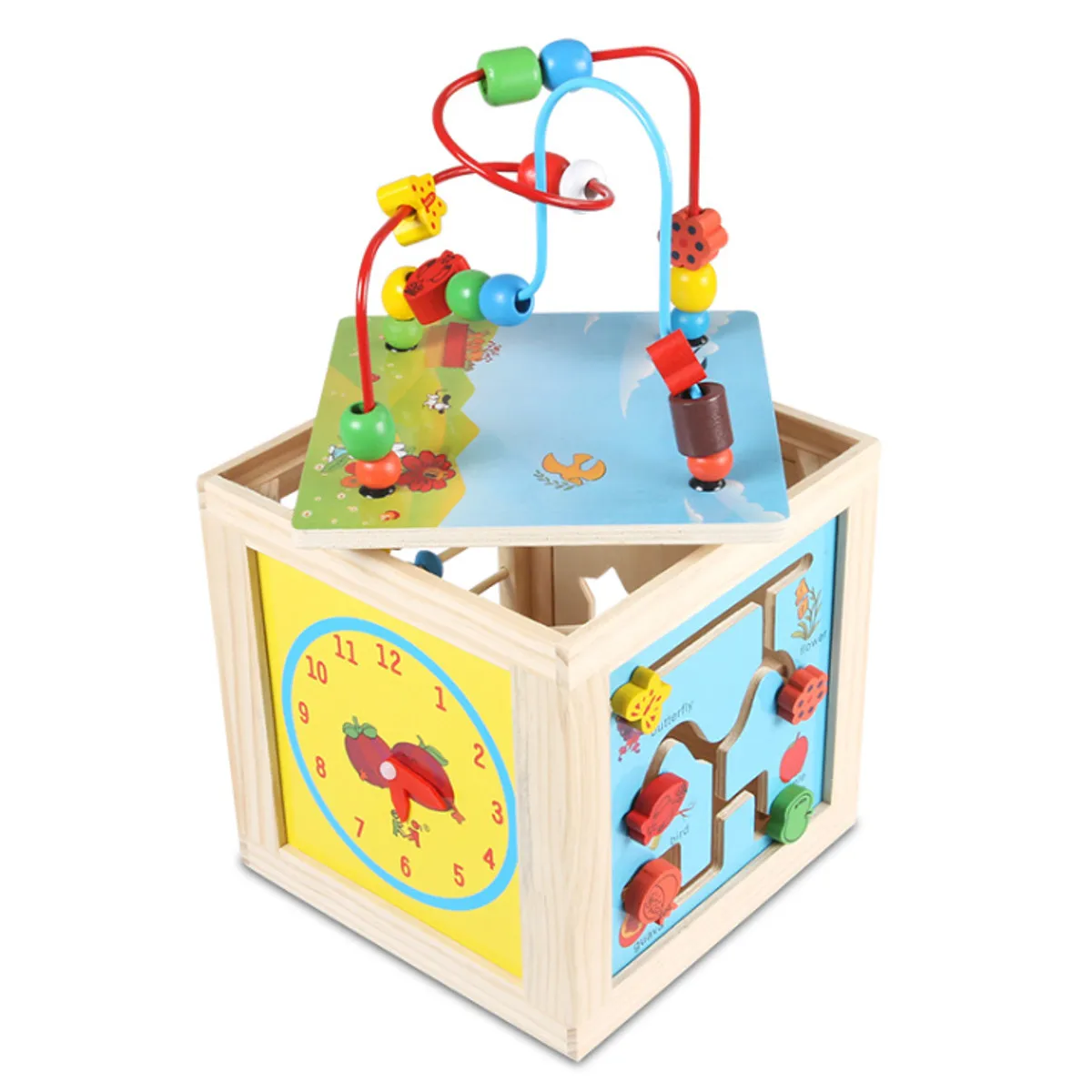 

5 in 1 Kids Wooden Colorful Activity Cube Bead Maze Multipurpose Educational Toy Wood Shape Color Sorter for Kids