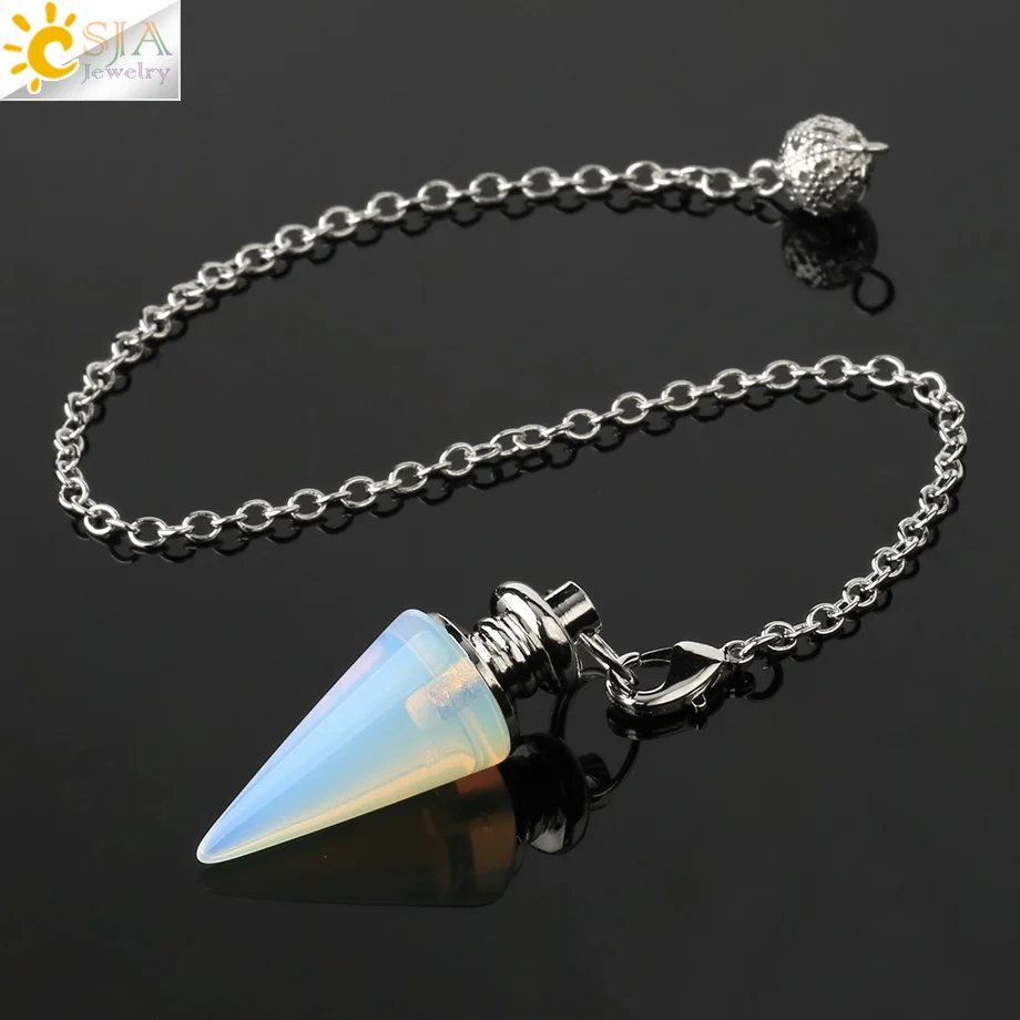 CSJA Conical Pendulum Natural Stone Taper Pendulums Silver Color Chain Crystal Pendants for Dowsing Spiritual Reiki Pendulo G491