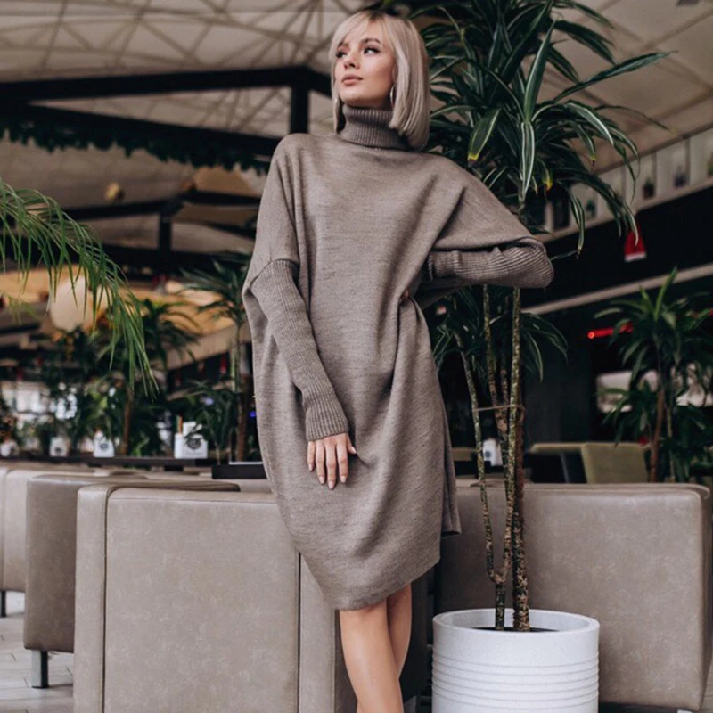 

2019 New Fashion Winter Turtleneck Knitted Jumpers Women Sweater Casual Loose Long Batwing Sleeve Crocheted Pullovers Streetwear