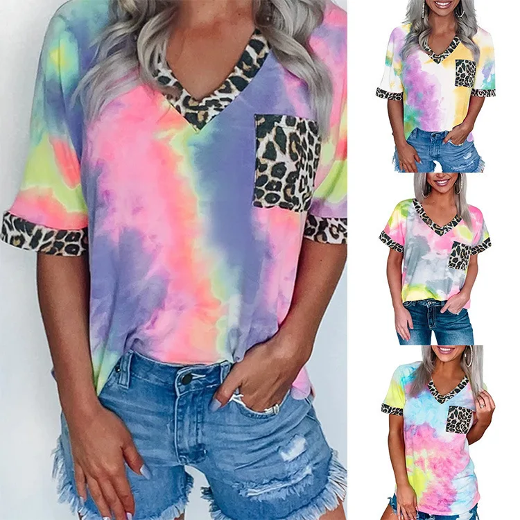 New Womens Tie-dye Rainbow Gradient Leopard Print Blouse T-shirt Shorts Sleeve Leopard Summer Tops for Women Graphic Tees Girl