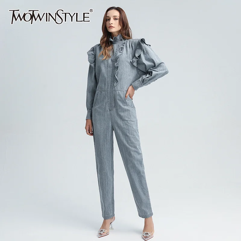 TWOTWINSTYLE Patchwork Ruffle Casual Jumpsuit For Women Stand Collar Long Sleeve High