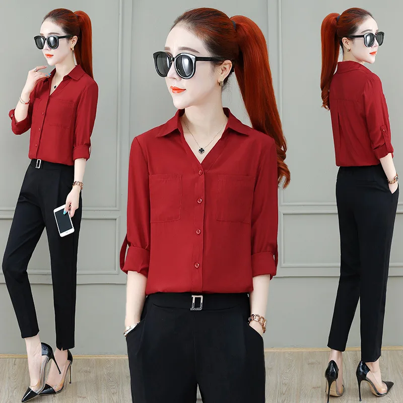 

2019 Autumn Clothing New Style Korean-style Red Chiffon Shirt Women's Sense of Design Non-mainstream Western Style Shirt Retro H