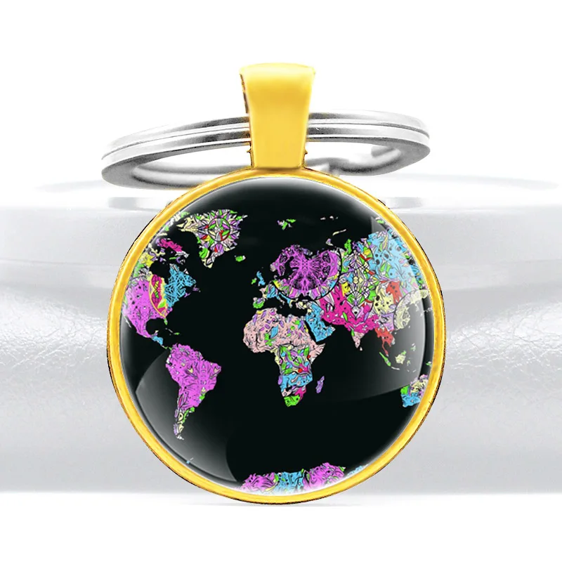 Classic World Map Pattern Cupola In Vetro Color Oro Portachiavi Unici Uomo Donna Portachiavi Regali Gioielli