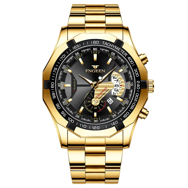 FNGEEN Luxury Men's Watches Stainless Steel Band Fashion Waterproof Quartz Watch For Man Calendar Male Clock Reloj Hombre S001 Gold Black