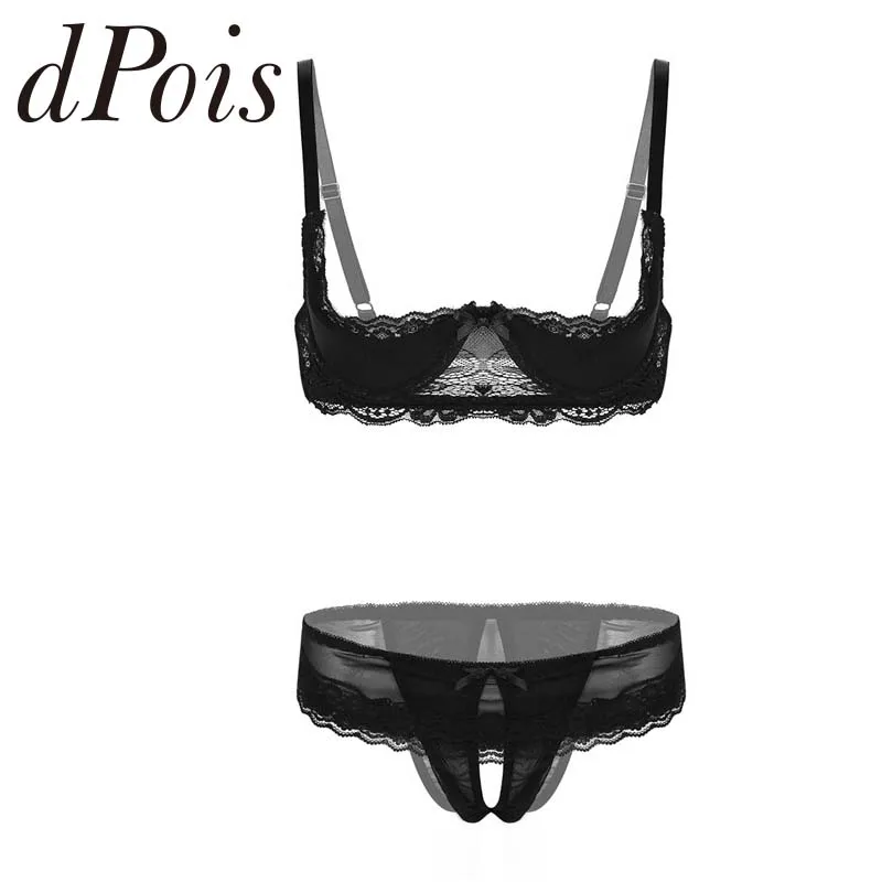 

2Pcs Women Lace Lingerie Set Adjustable Spaghetti Shoulder Straps 1/4 Cup Unlined Shelf Bra Low Rise Crotchless Briefs Underwear