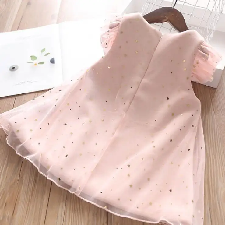 Princess Girls Stars Sequin Tulle Fly Sleeve Sweet Babe Dresses Candy Yellow Pink Color Ruffles Cute Kids Party Dresses