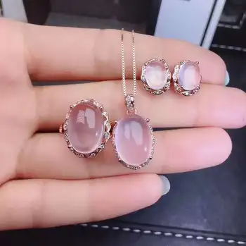 

Real Natural Rose Quartz jewelry set Natural Real Rose Quartz 925 sterling silver 1pc pendant,1pc ring,2pcs Earring