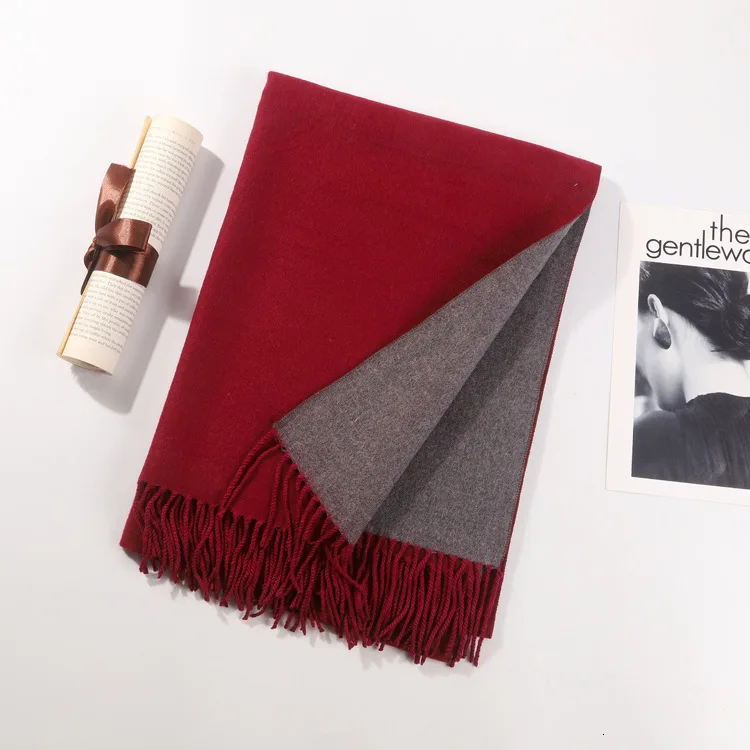 Wine red gray Горячий осенний и зимний шарф женский сплошной цвет матовый двухсторонний кролик бархат шаль дамы кисточкой шарф Дамская шаль - Цвет: Wine red gray