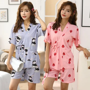

2020 Summer Short Sleeve Kimono Print Shorts Pajamas Sets for Women Sleepwear Suit Loungewear Homewear Pijama Mujer Home Clothes
