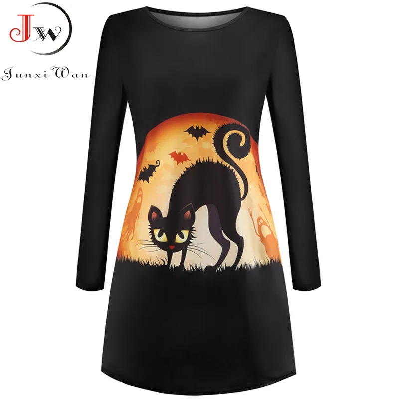 

Women Autumn Winter Dress Casual Cat Print Black Midi Office Party Dress O-neck Long Sleeve Vintage Vestidos Robe Plus Size