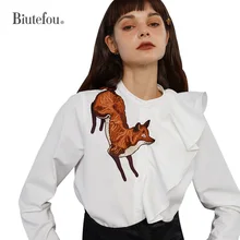 

2022 Spring Women Fox Embroidery Stand Collar Asymmetrical Wavy Ruffle Shirt