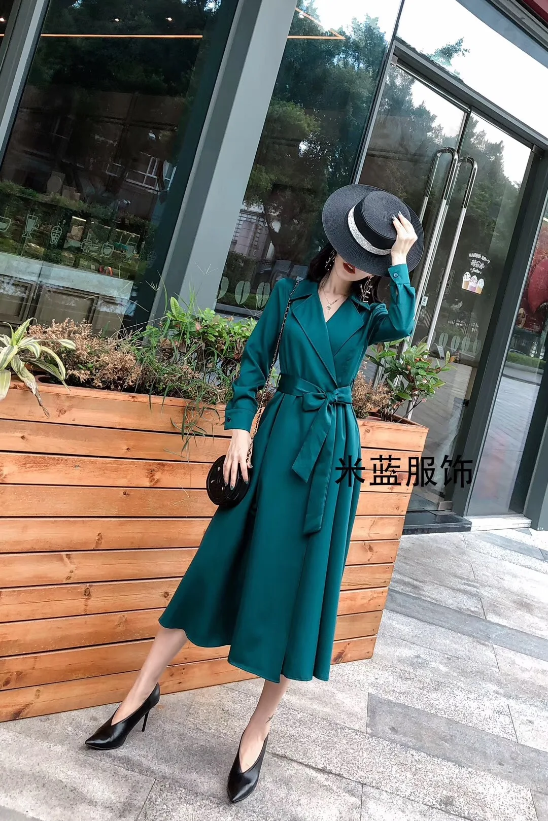 

Europe And America Big Brand Fashion Simple Long Sleeve Bandage Cloth Waist Hugging Slim Fit Slimming Big Hemline over-the-Knee