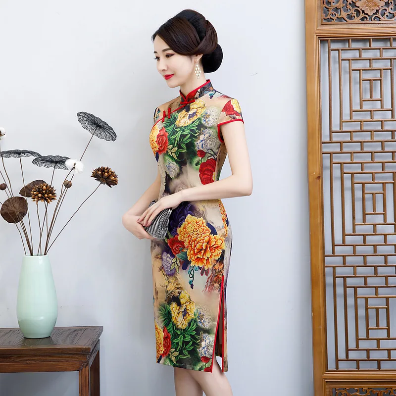 Летнее новое классическое вечернее платье Cheongsam Новинка винтажная пуговица цветок Атлас элегантное женское Qipao Плюс 4XL Vestidos