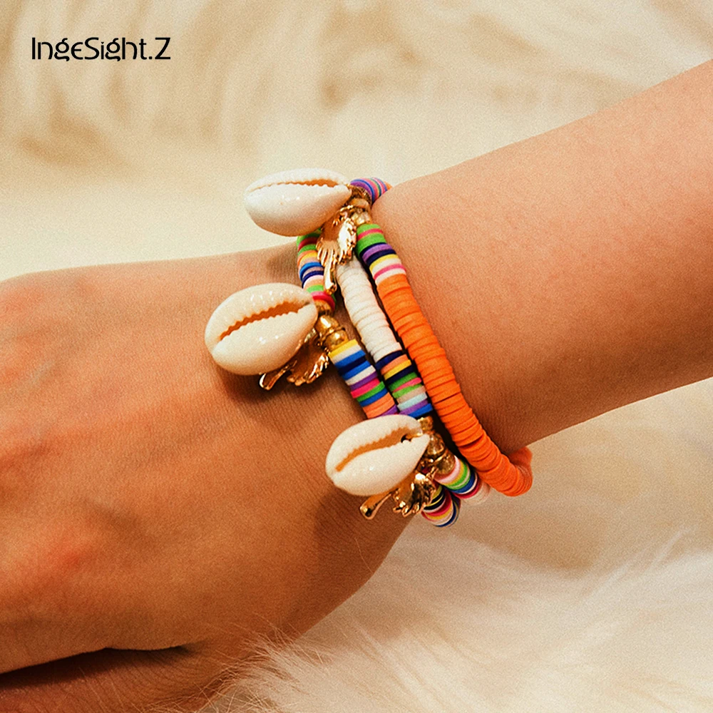 

IngeSight.Z Bohemia Natural Shell Bracelets Bangles Charm Adjustable Rainbow Soft Pottery Bracelet Wrist Chain for Women Jewelry