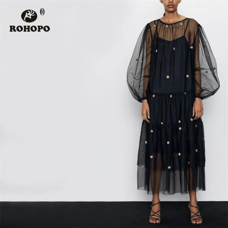 

ROHOPO Round Collar Long Sleeve Embroidery Khaki Polk Dot Mesh Black Midi Dress Ruffled Pleated Ladies Party Maxi Vestido #6183