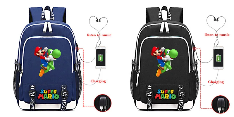 Школьные сумки для девочек-подростков, Супер Марио, сумка 11-15, дизайн, зарядка через usb, рюкзак для ноутбука, мужской рюкзак для путешествий, черный, синий, Sac Mochila Mujer