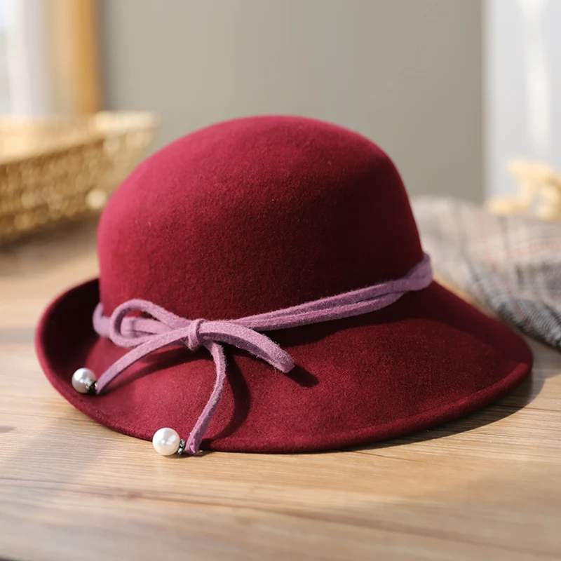 Burgundy 57cm Sedancasesa Осень Зима Женская шапка Cloche женская Англия Ретро австралийская шерсть Felt Hat Bow Ведро для женщин - Цвет: Burgundy 57cm