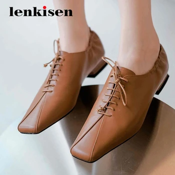 

Lenkisen leisure genuine leather european design superstar square toe thick low heel lace up young girls fashion women pumps L71