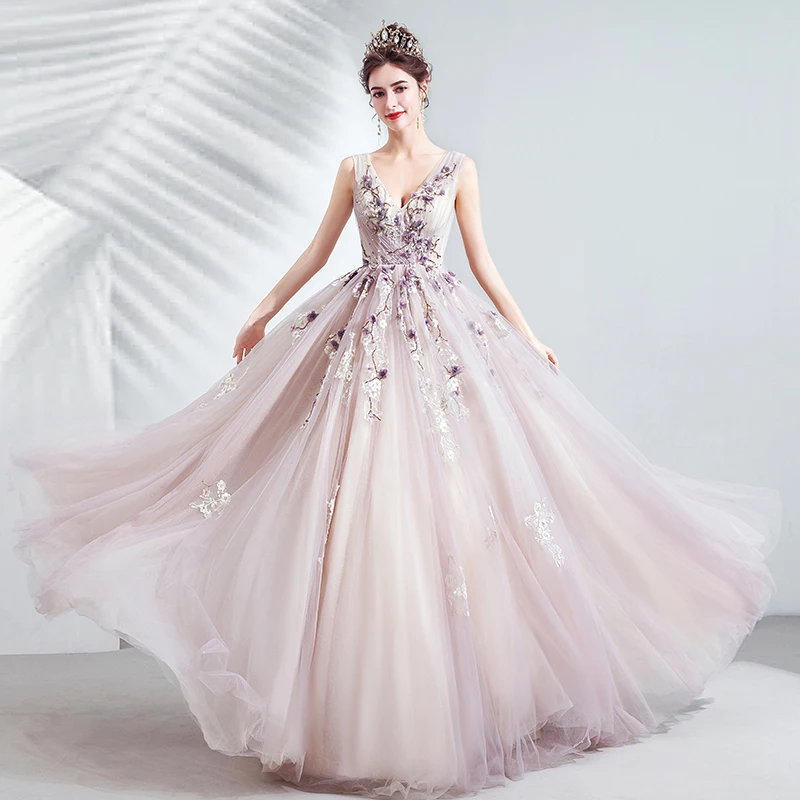 SSYFashion Новое Кружевное цветочное вечернее платье невесты банкет элегантный v-образный вырез Аппликации Украшенные бисером Длинные вечерние платья Vestido De Noche