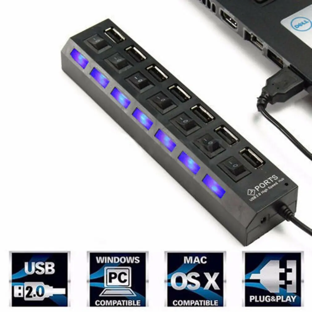 USB 2,0 мульти Зарядное устройство Hub+ высокая Скорость адаптер 7-Порты и разъёмы на переключатель включения/выключения для ноутбука/PC USB Зарядное устройство