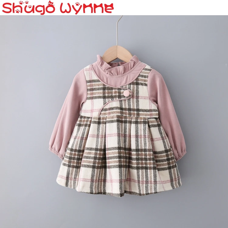 Winter Baby Girls Thick Stitching Dress Small Fragrance Long Sleeve Plaid Wool Lotus Leaf Collar Princess Dresses