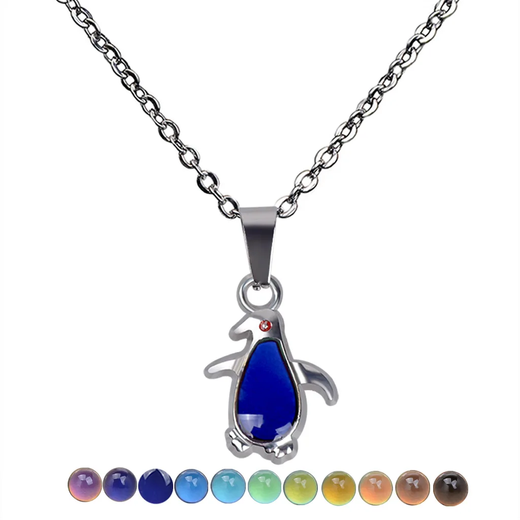 Mood Necklaces Jewelry with Silver Color Cute Penguin Shaped Temperature Change Stainless Steel Chain Necklace for Women Men | Украшения и