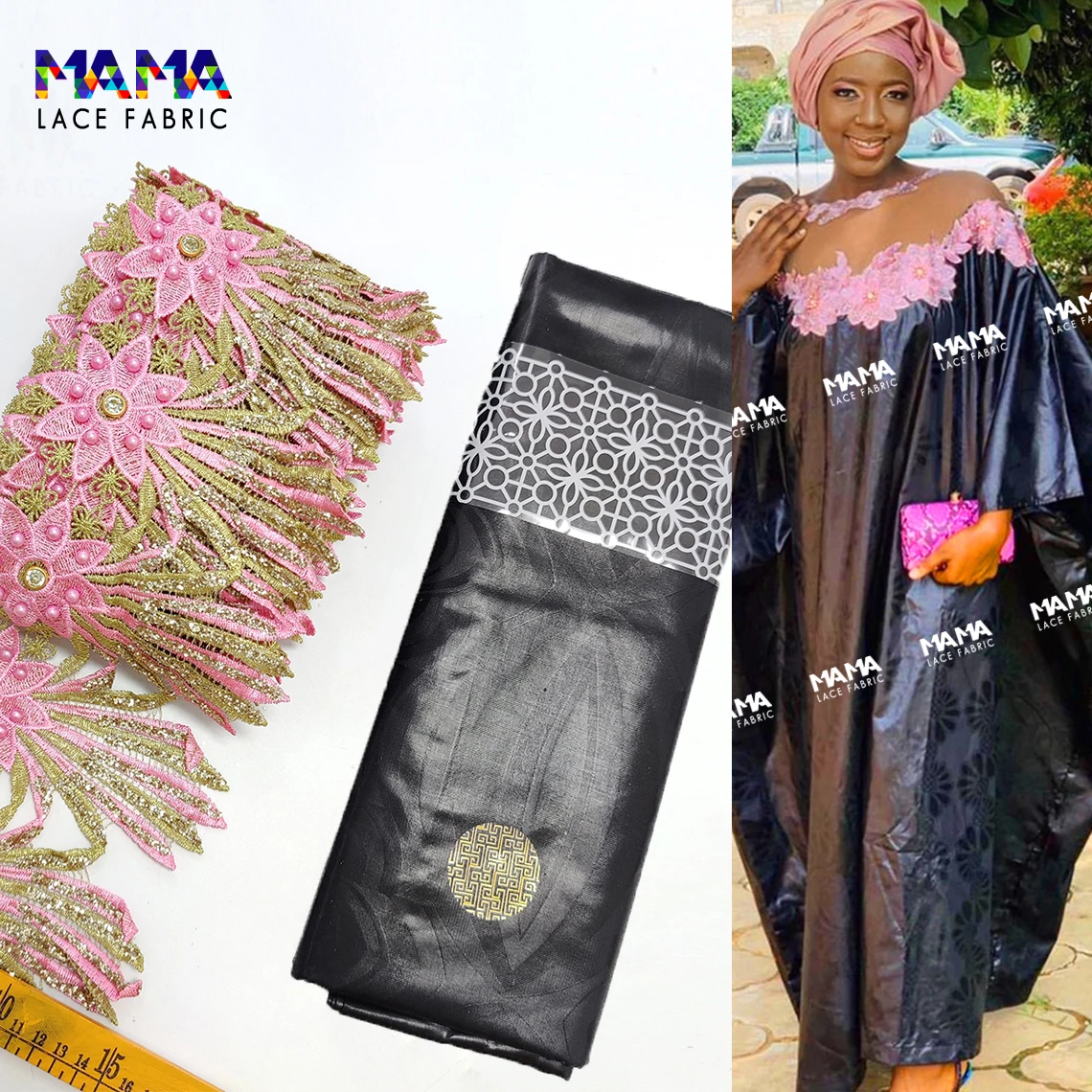 

5+5 Yards 2022 Newest Style African Lace Fabric Basin Riche Tissu Brocade With Shiny Sequins Ribbons For DIY Material Sew Fabric