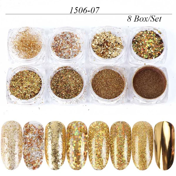 8 коробок/набор голографическая блестка для ногтей блестка Смешанная форма серебристая пудра для ногтей хлопья УФ гель лак для ногтей декор для ногтей LA1506-12A - Цвет: 1506-07