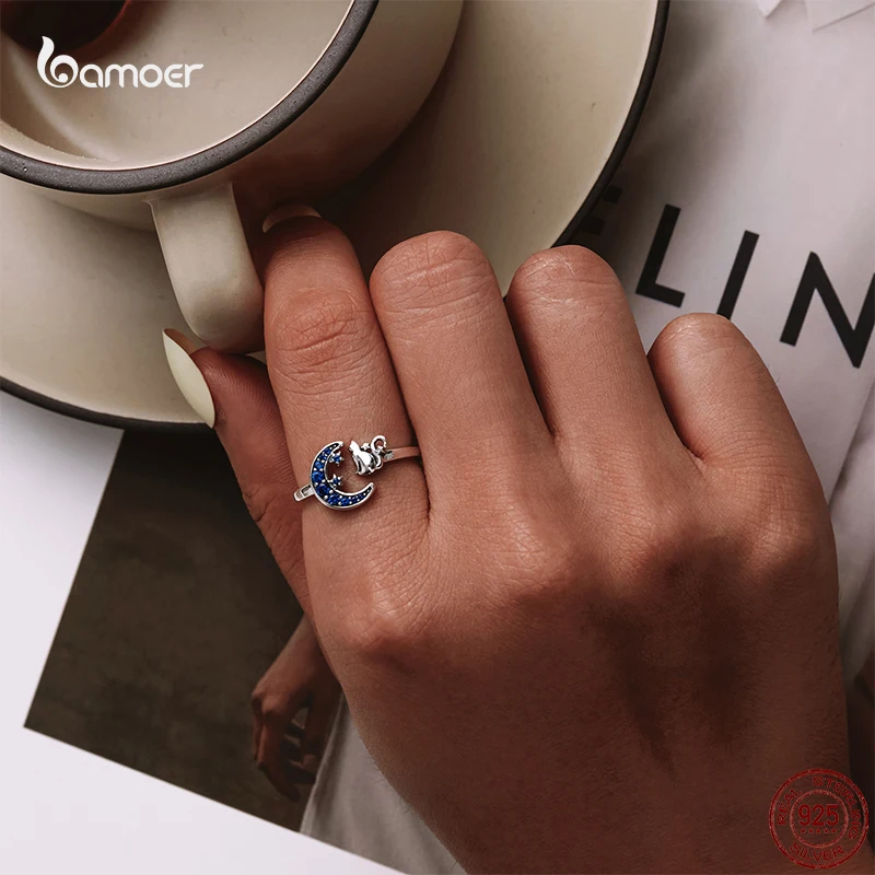 Bamoer Blue Moon Fashion Ring Genuine 925 Sterling Silver Cute Cat Animal Open Adjustable Rings for Women Elegant Party Jewelry silver ring gemstone ring