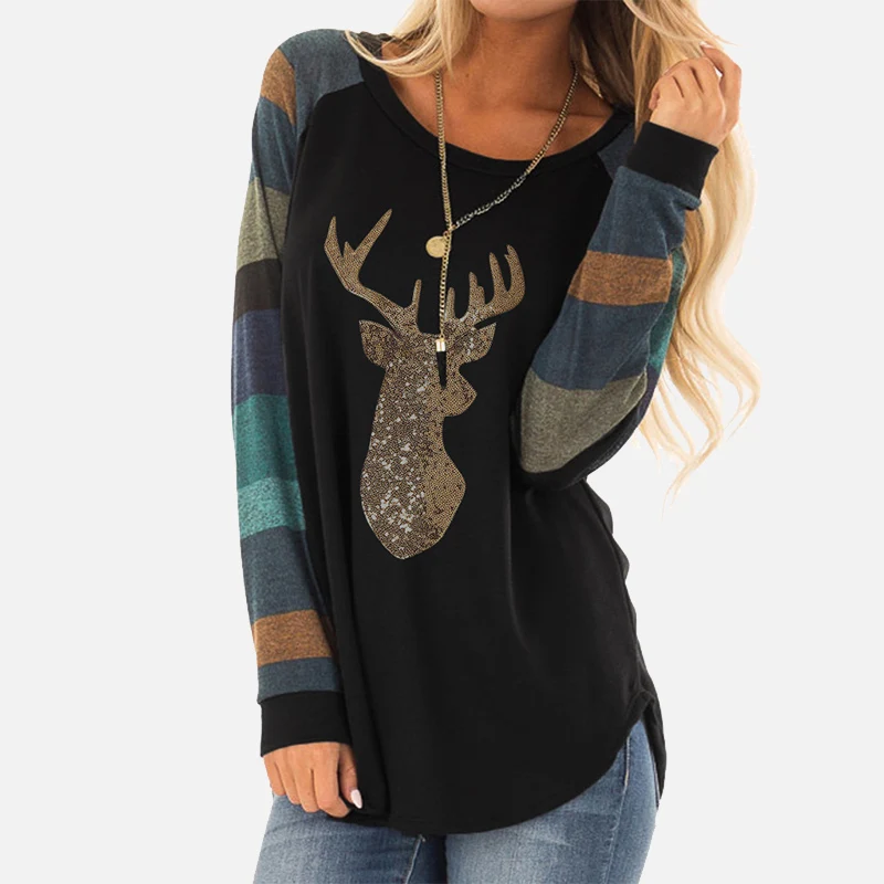 Женская рождественская футболка с оленем вышитая блестками Лоскутная полосатая