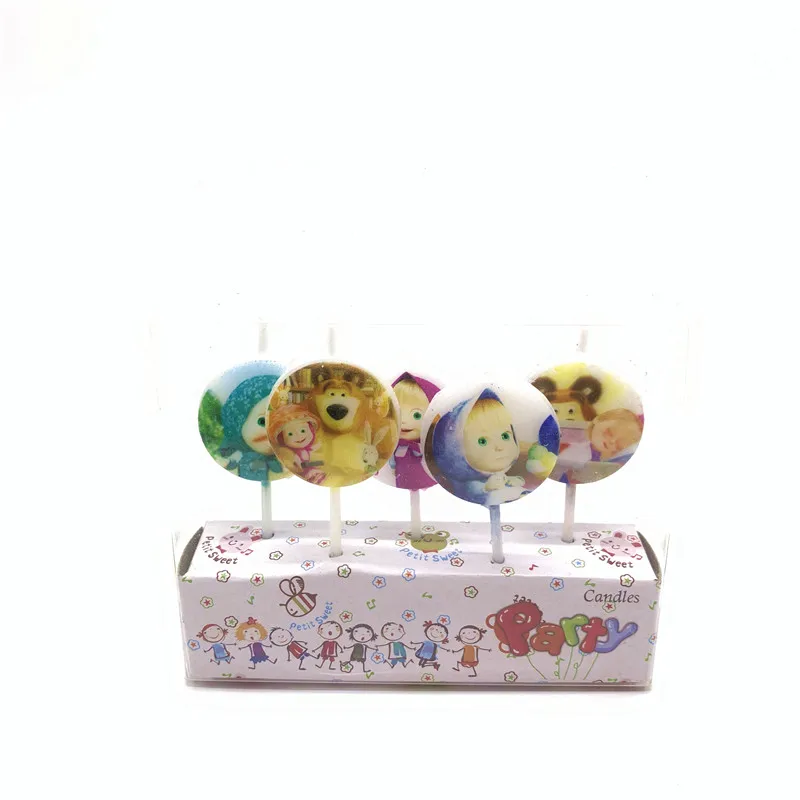 Маша и медведь мультфильм посуда набор День рождения украшения Дети тарелка чашки шляпы салфетки скатерть и флаги соломенные вечерние принадлежности - Цвет: Candles-5pcs