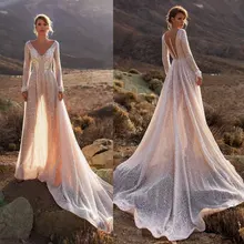 Богемное блестящее свадебное платье с аппликацией, пляжные свадебные платья с v-образным вырезом и длинными рукавами, роскошная линия, Vestido De Noiva