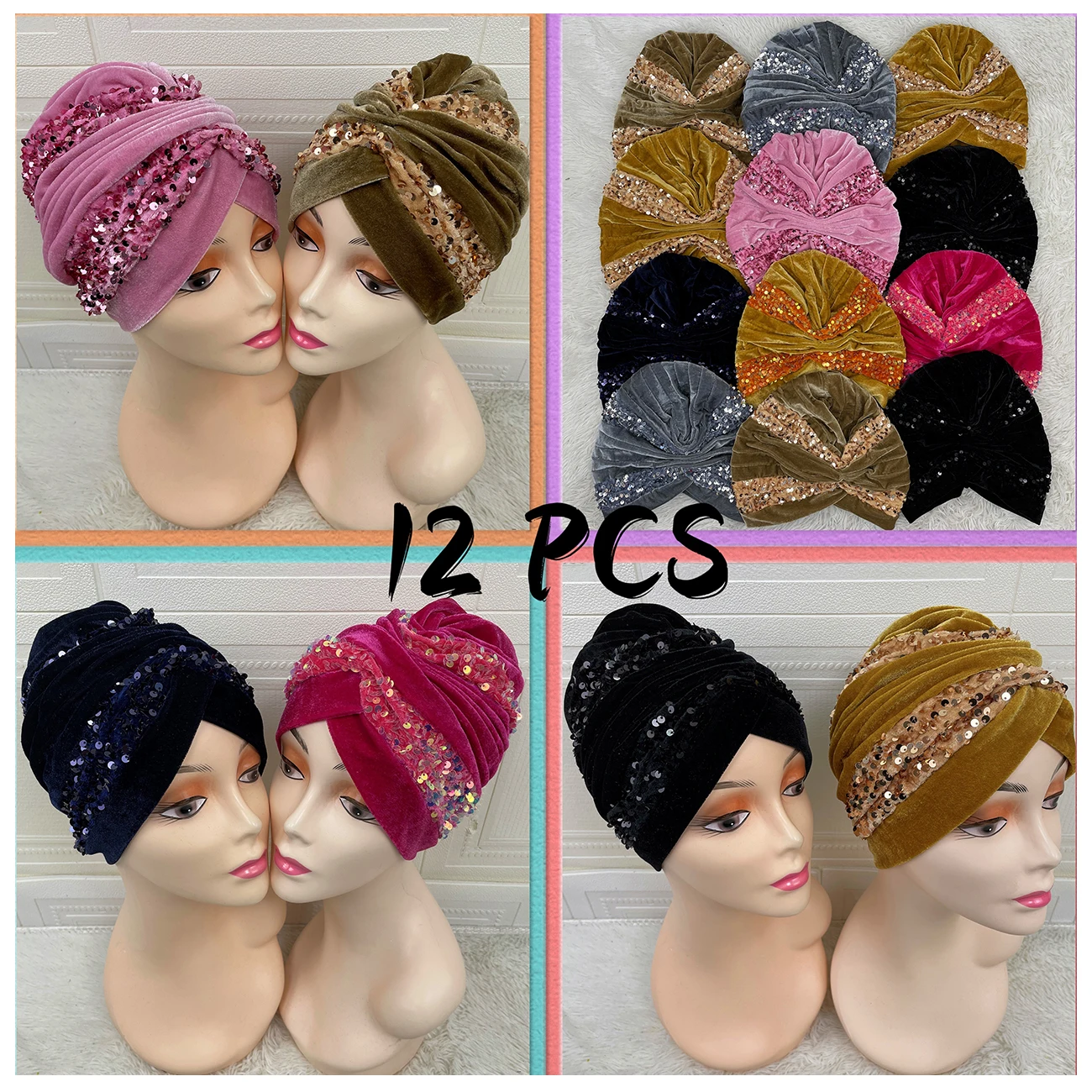 

Sales Latest Women Unique Muslim Dubai Turban Hat Sequin Embroider Women Ready Cap Casual India Bonnet Hat