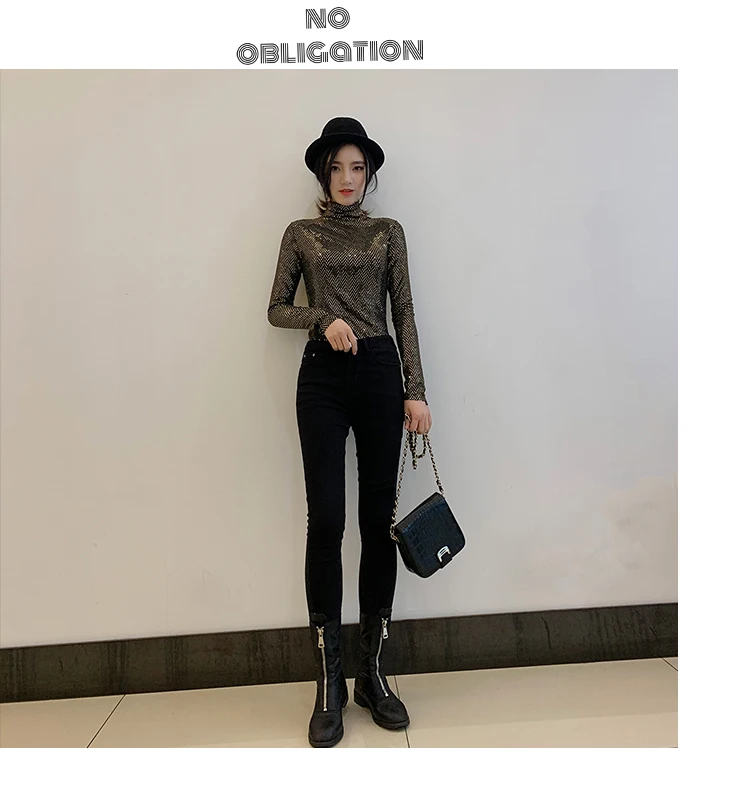 Bling Осенняя Водолазка с длинным рукавом с бусинами Базовые Футболки женские корейские футболки с вышивкой бусинами женские тонкие рубашки топы SA306S30