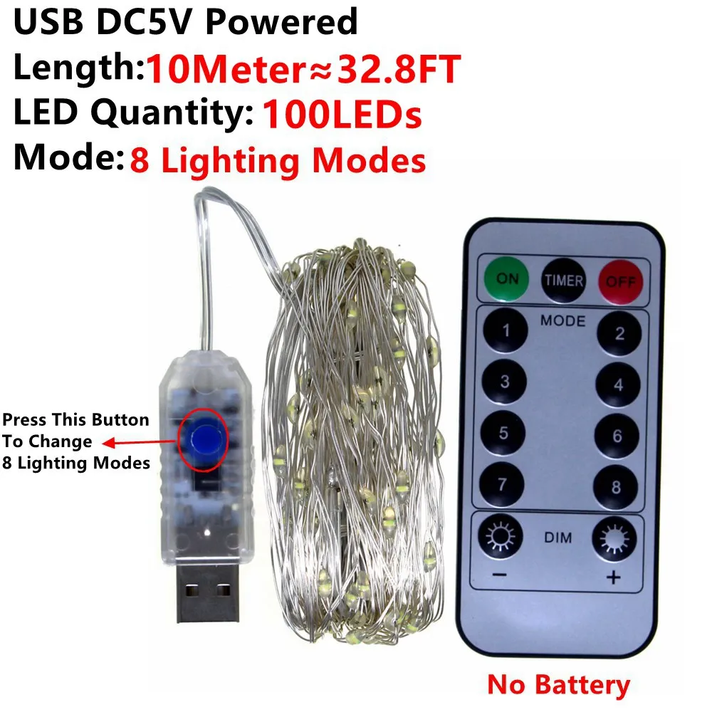 8Modes USB-10M 8 режимов освещения светодиодный гирлянда сказочные огни Рождественская елка Гирлянда окно Свадьба дом наружное украшение Солнечная батарея питание от USB - Испускаемый цвет: 8Modes USB-10M