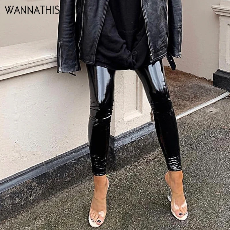 Женские узкие брюки карандаш WannaThis черные обтягивающие из искусственной кожи на