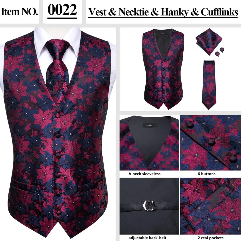 Hi-Tie Silk Mens Suit Vests Pink Paisley 4PC Woven Waistcoat Tie Pocket Square Cufflinks Set Business Wedding Dress Waist Jacket casual blazer for men