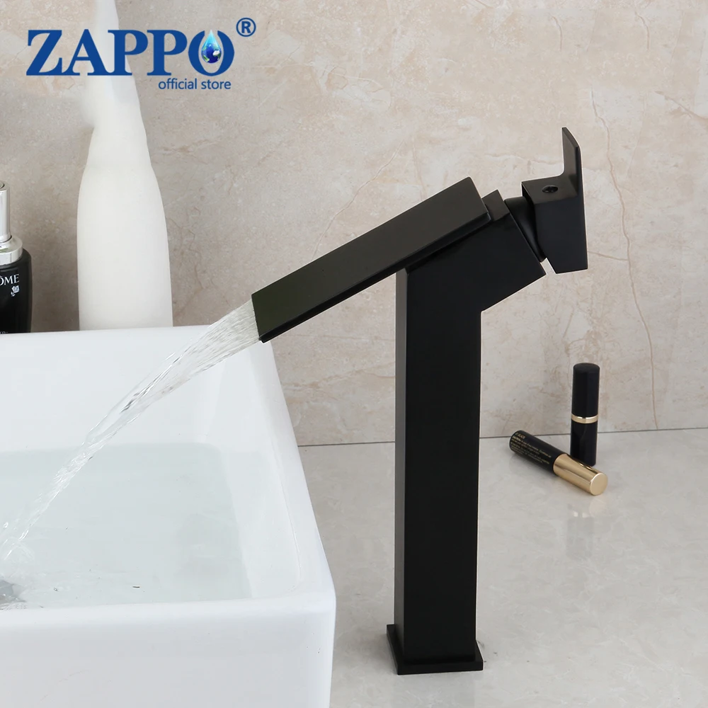 ZAPPO Matte Black Bathroom Basin Faucet New Design Waterfall Counter Top Water Mixer Tap Solid Brass Wash Sink | Обустройство дома