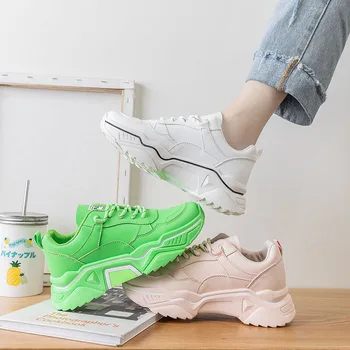 

Ins Sneakers Woman 2019 New Versatile Casual Autumn Women's Shoes Breathable Dad Shoes Thick Sole Pink Bright Green Sport Shoes