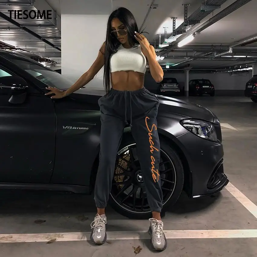 

TIESOME 2020 New Winter Autumn Trousers Letter Print Casual Bottom Pockets Elastic Waist Sweatpants Women Trouser Hip Hop