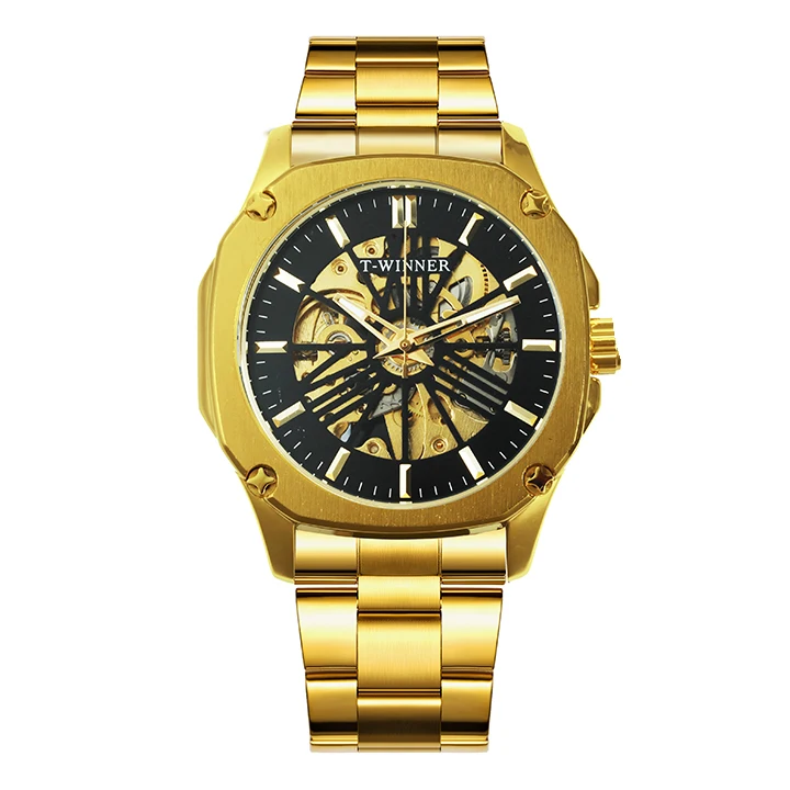 STEEL GOLD BLACK WINNER официальный Винтаж автоматические часы для мужчин Скелет Механические мужские s часы лучший бренд класса люкс розовое золото классическое платье часы - Цвет: STEEL GOLD BLACK