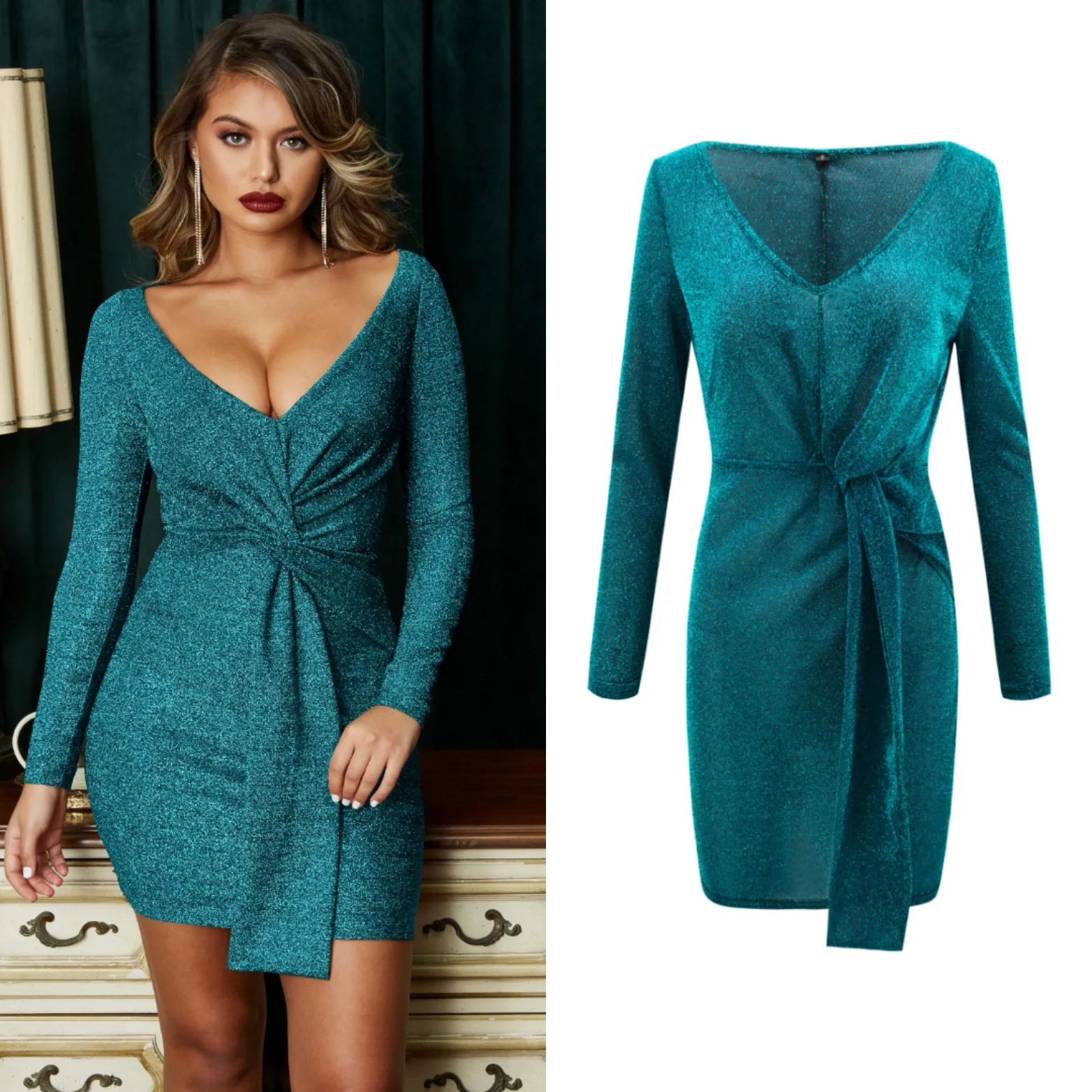 

Hot Selling Spring-Summer New Women's V-neck Long-Sleeve Pleated One-step Skirt Dress 2194