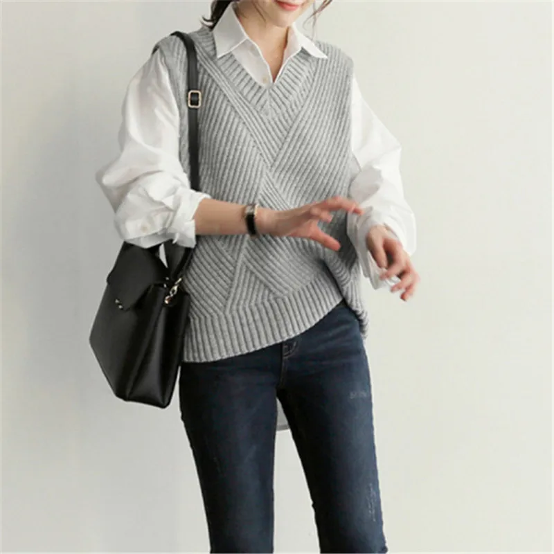 RUGOD New Women Knitted Sweater Vest V-neck Sleeveless Loose Slim Cross Sweater Korean Office Lady Streetwear Vest Coat